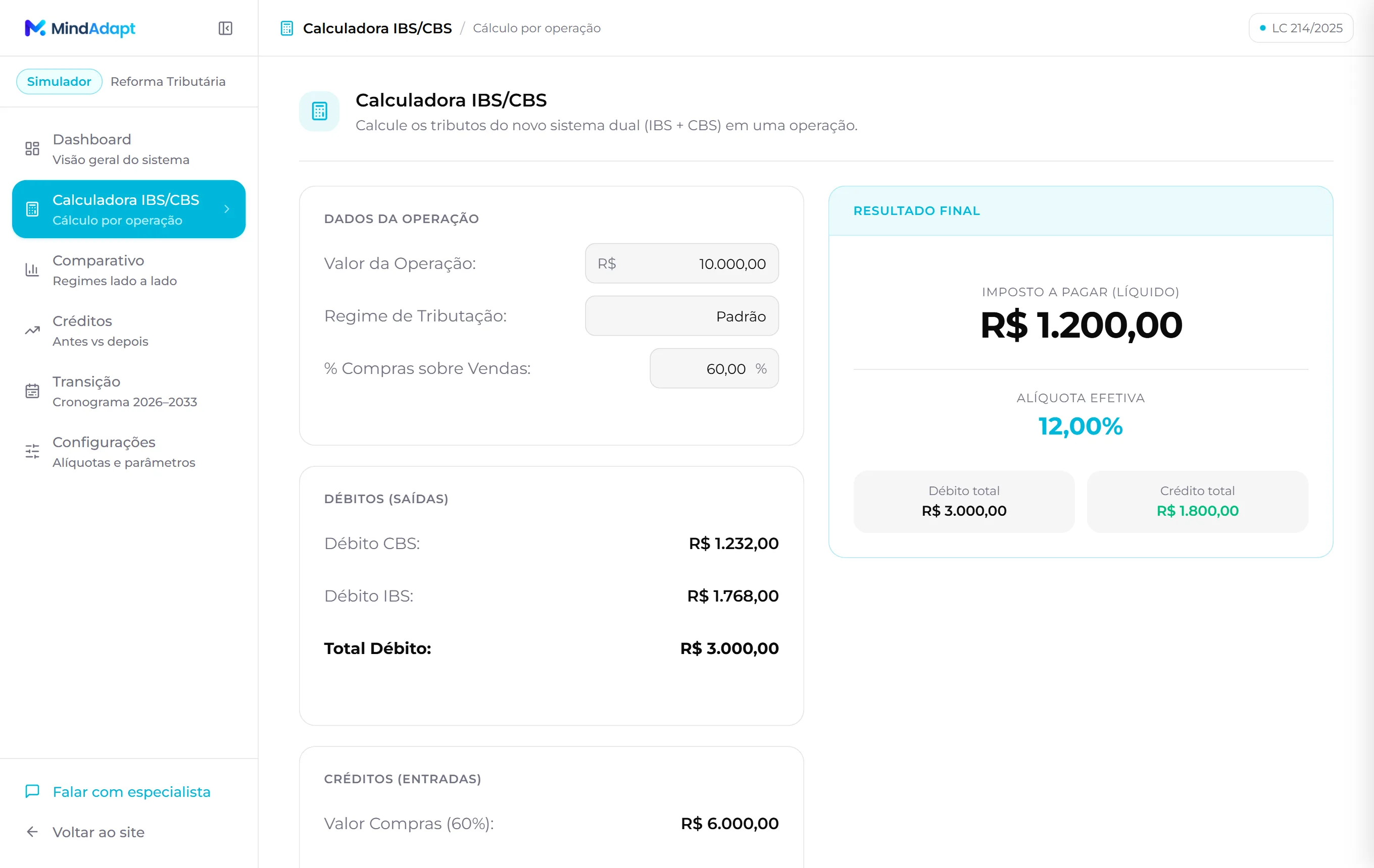 Tela da Calculadora IBS/CBS do simulador, com os campos da operação e o imposto calculado